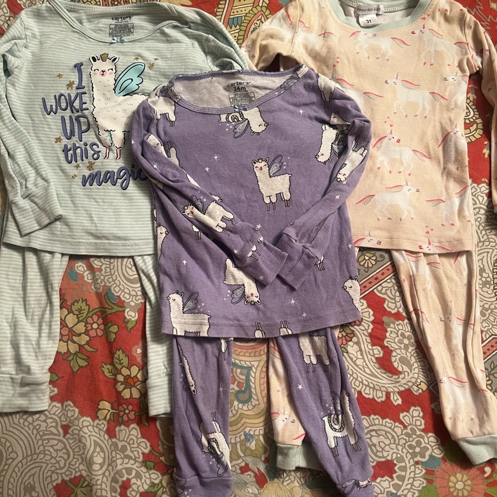Kids Pajamas (3pair) Purple Llama, pink unicorn, lime t stipe llama 3T Kids